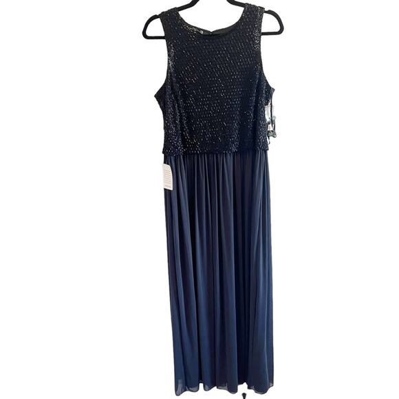 NWT $258 PISARRO NIGHTS 10 Beaded Bodice Chiffon Gown DRESS NAVY BLUE - Picture 2 of 8